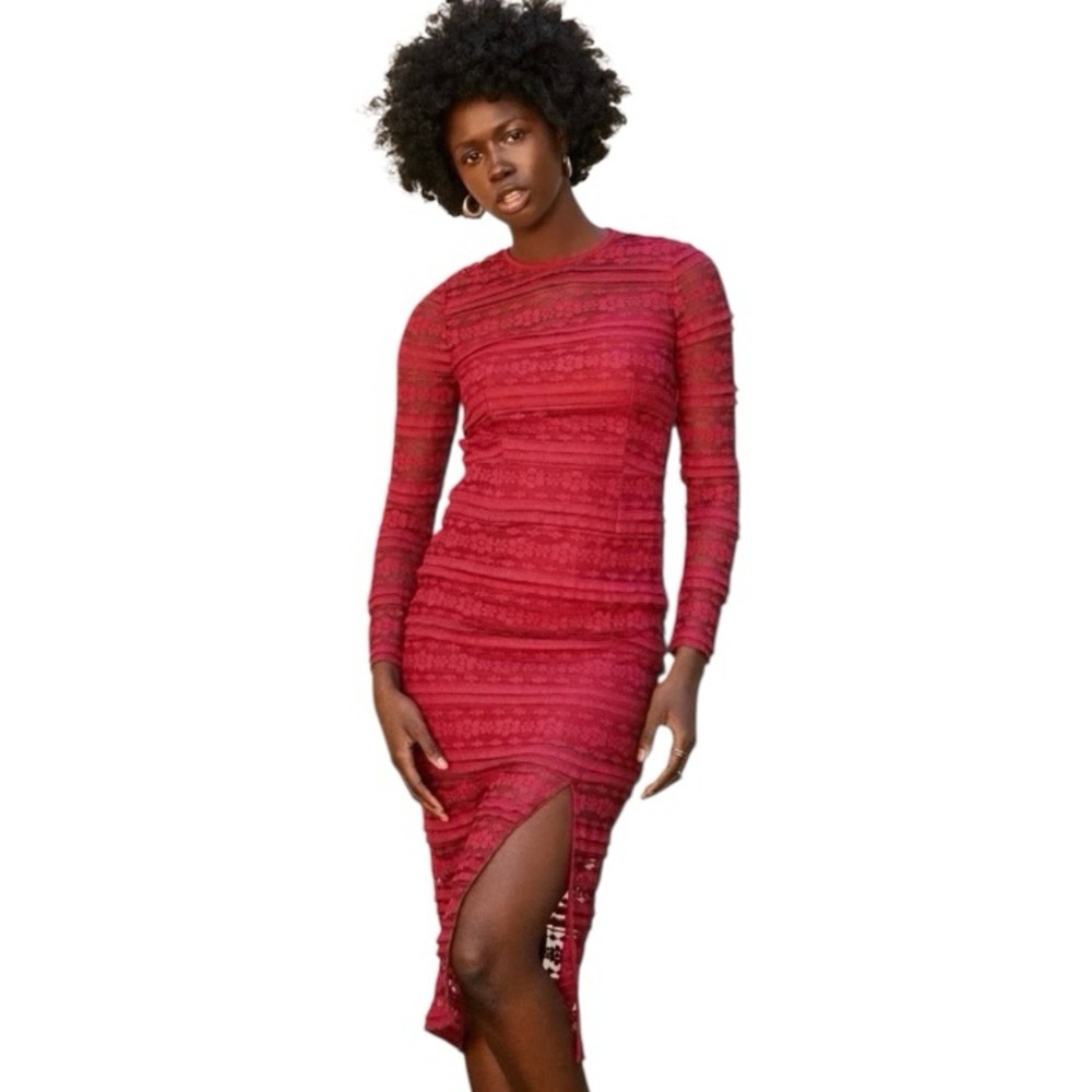 Saylor Suzie Red Long Sleeve Cotton Blend Lace Sheath Midi Dress Size: L